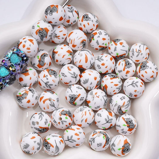 Cute Sleeping Koala White Printed Silicone Beads 15MM, Number Z-00226