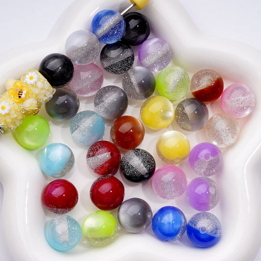 Multi-Color Cat Eye Style Acrylic Beads with Silver Glitter Inside, 16MM
