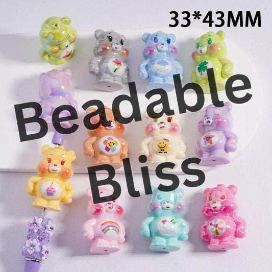 Acrylic Beads UV Coating Cute Rainbow Bears Multi-Color, 33*43MM, Random Mix