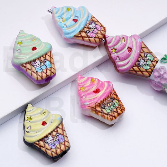 Yummy Sweet Sanri HK Kitten Ice Cream Cone Acrylic Beads, Around 31*22MM, Random Mix