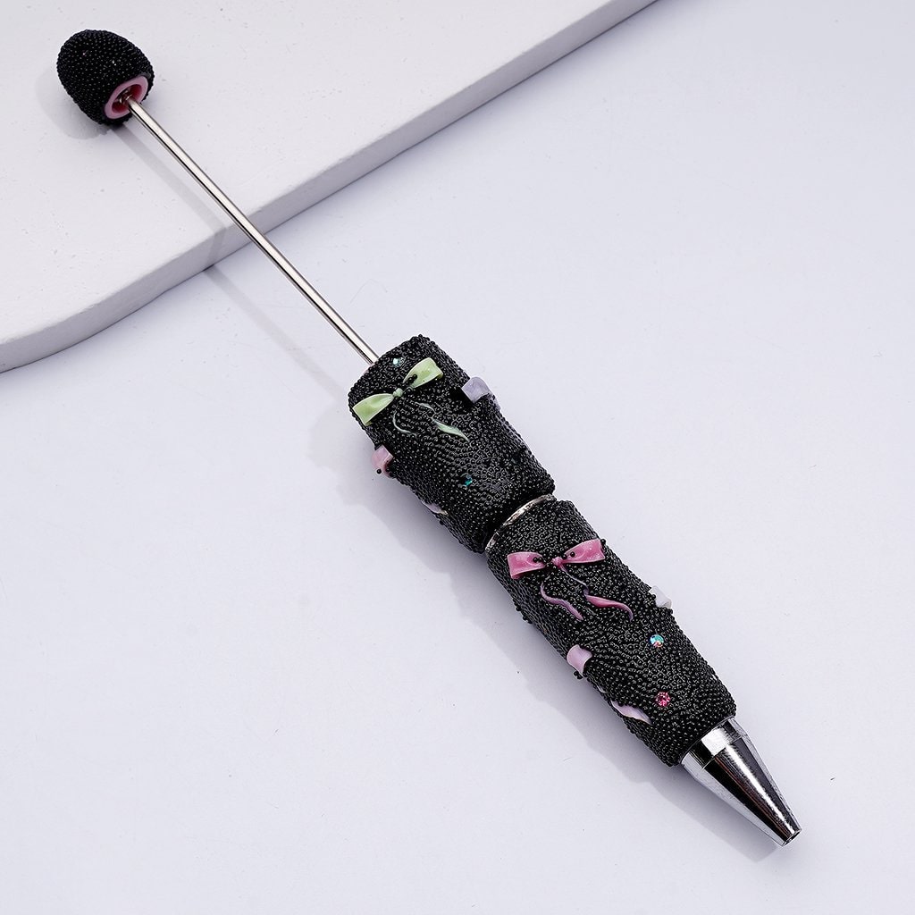 Beadable Clay Pen with Cute Bowknots Colorful Shiny Rhinestones Mini Black Snow Balls