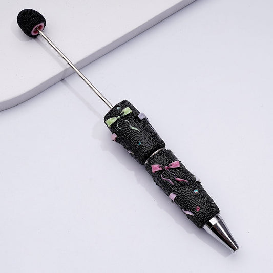 Beadable Clay Pen with Cute Bowknots Colorful Shiny Rhinestones Mini Black Snow Balls