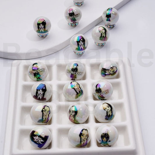 UV Coating Wednesda American Comedy Horror Television Series Round Acrylic Beads, 16MM, Random Mix