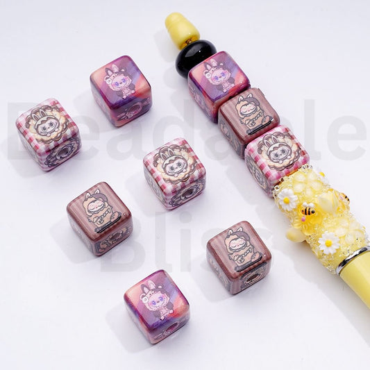 Cute Labub Monster Pop Mar Cube Square Acrylic Beads, Around 15MM