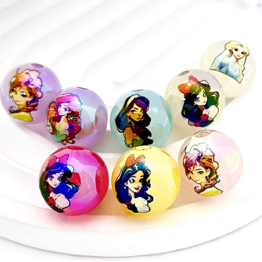 ゼリーカラーの美しいディズニープリンセスラウンドアクリルビーズ、ランダムミックス、16mm