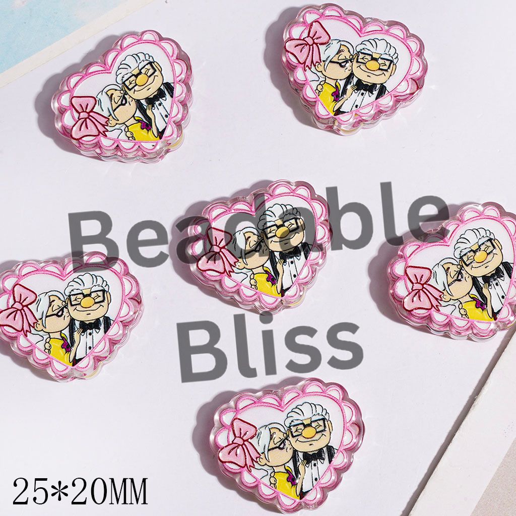 Flying House Tour Theme Elder Couple Acrylic Beads, Flat Heart Shape with Bowtie, 25*20MM