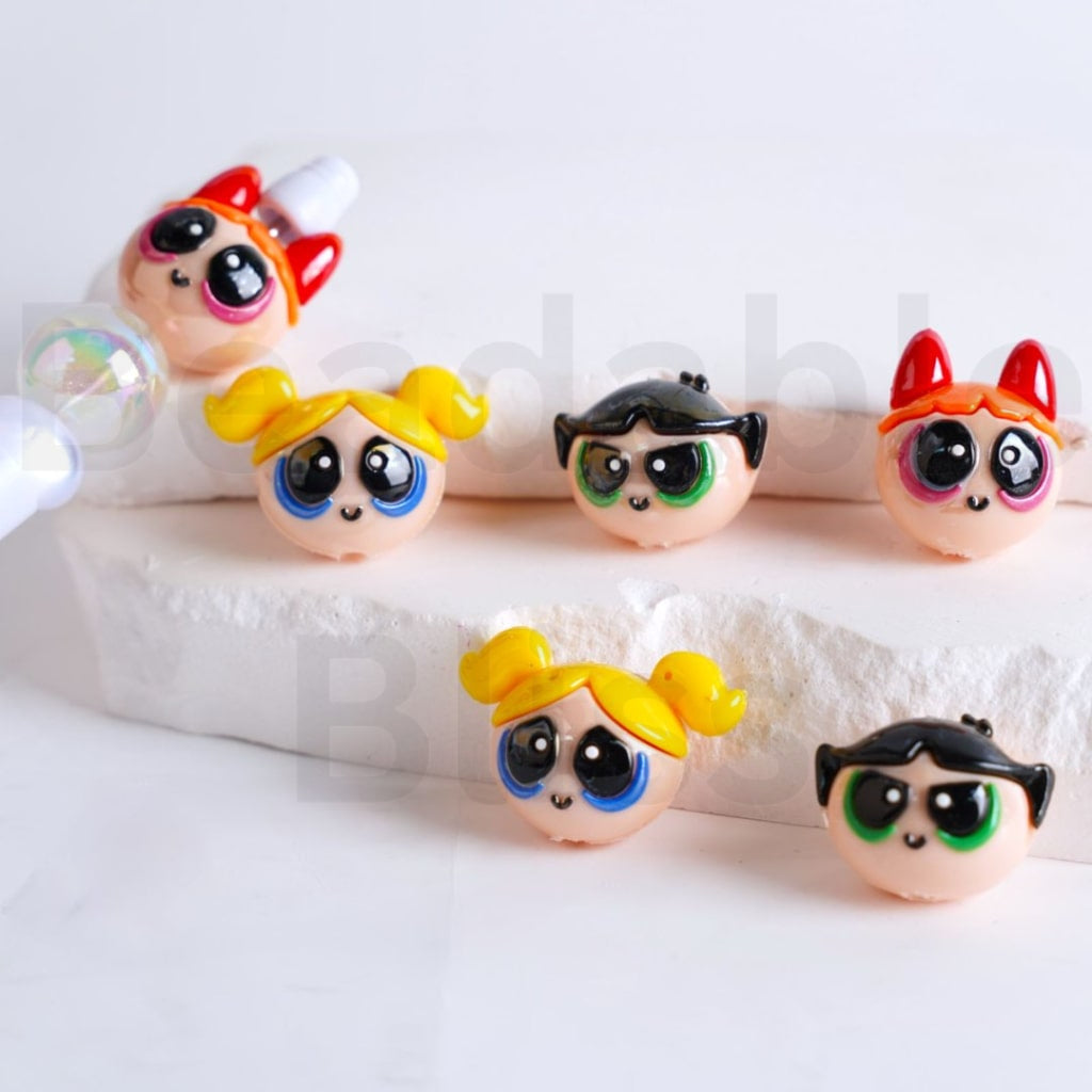 Mini Cute Powerpuf Girls Heads Acrylic Beads, Random Mix