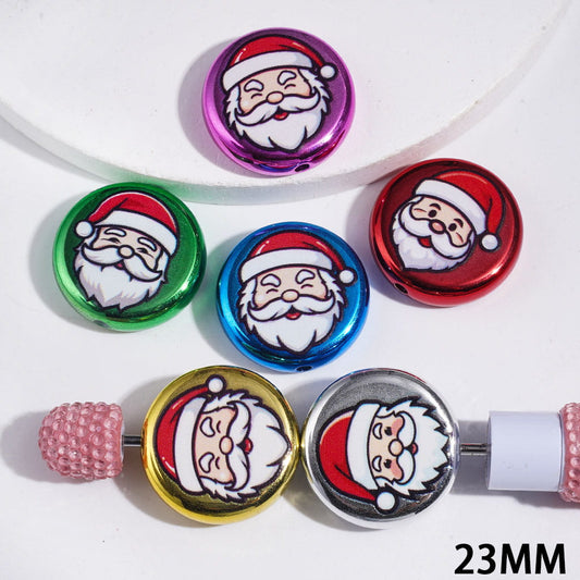 Metallic Colors Acrylic Beads with Santa Claus Head Portrait, 23MM, Flat Round Shape, Assorted Colors, Random Mix