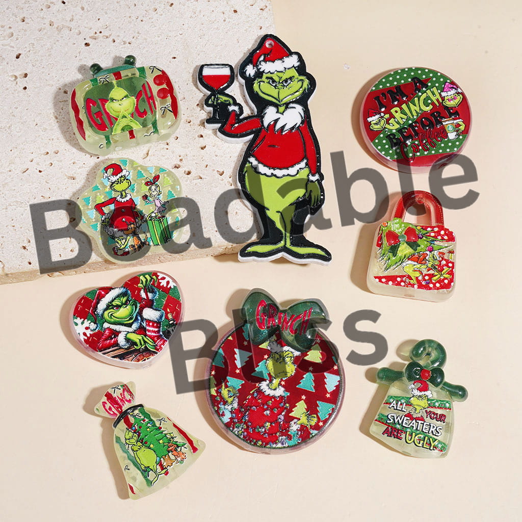 Christmas Green Character Series Acrylic Beads and Pendants, Random Mix