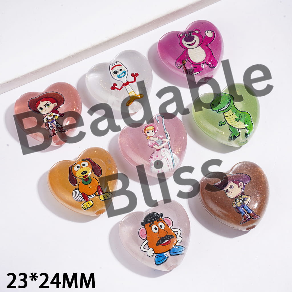 Heart with Glitter and Toy Adventure Character Series Acrylic Beads, 23*24MM, Random Mix