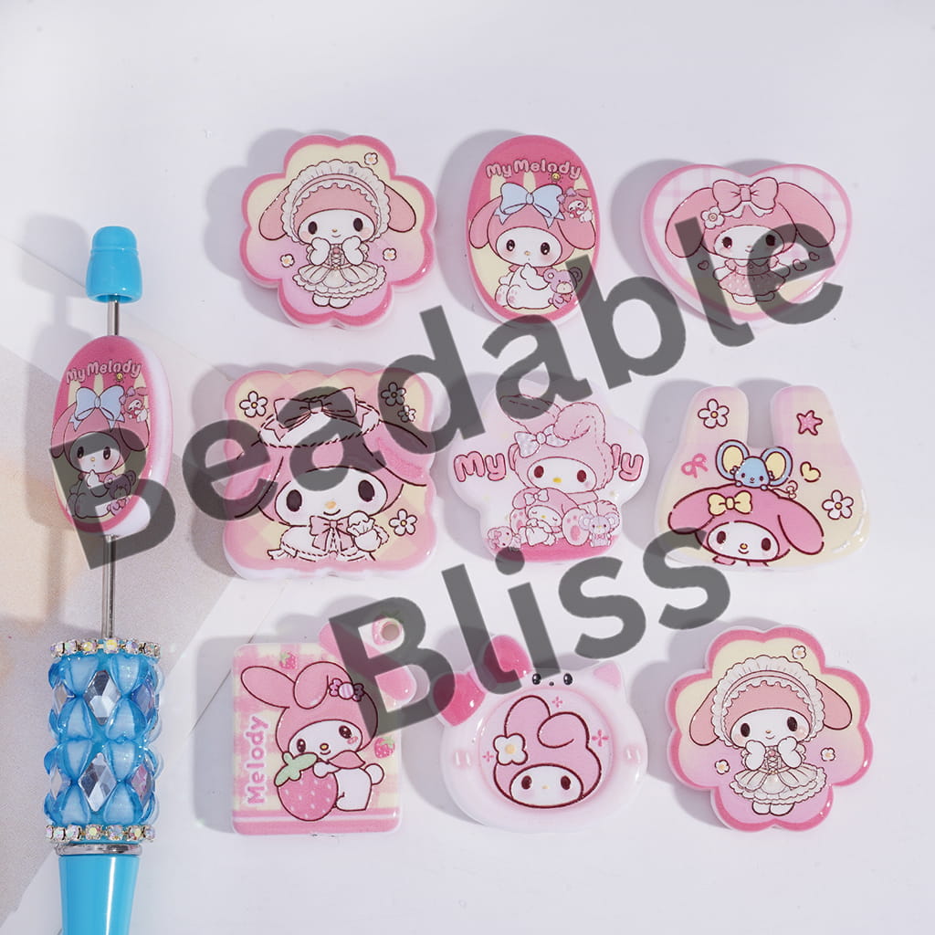 Acrylic Beads Pendant with Bunny-Like Girl Prints, Pink Series, Random Mix