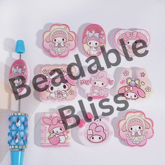 Acrylic Beads Pendant with Bunny-Like Girl Prints, Pink Series, Random Mix