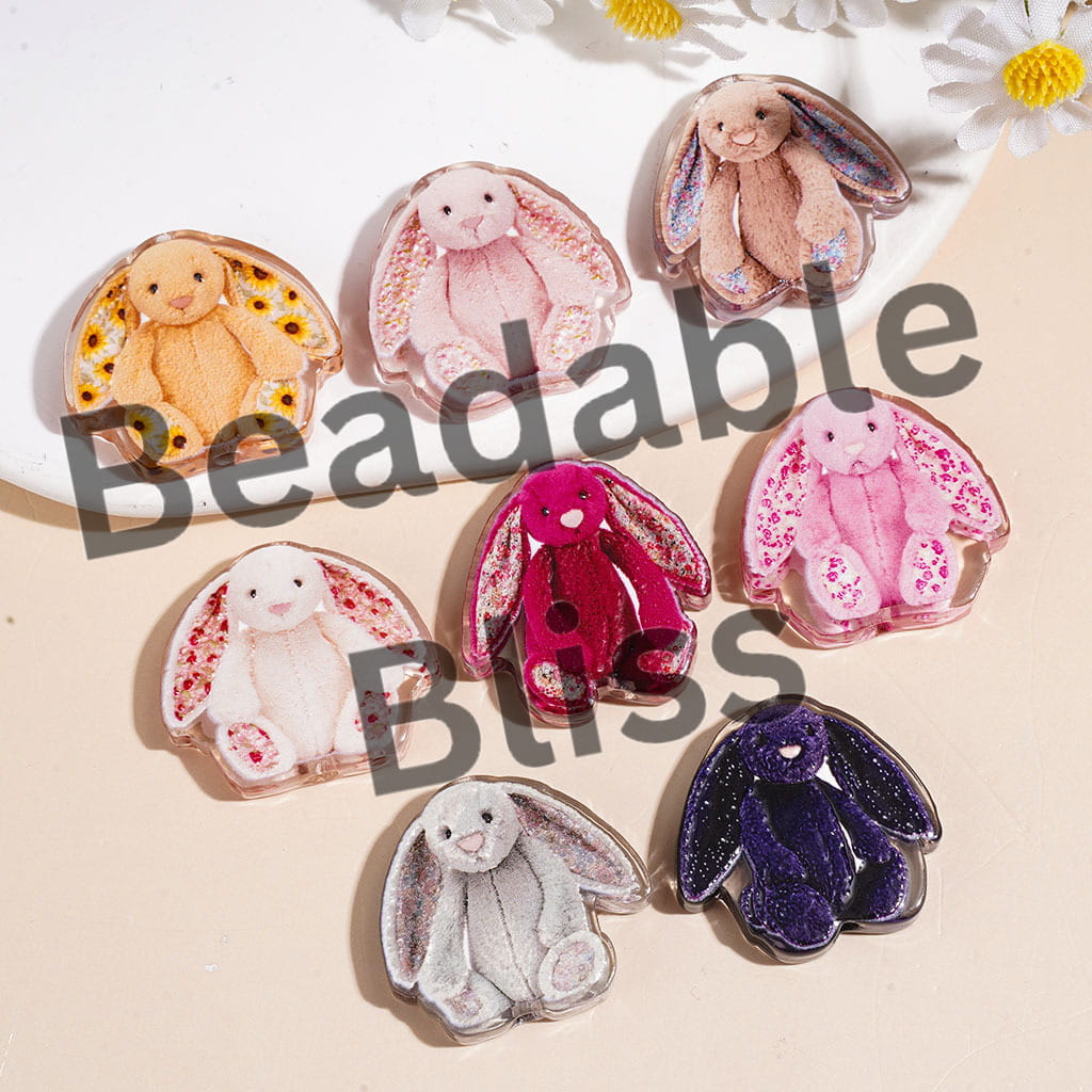 Long-Eared Rabbit Bunny Doll with Flowers Semi-Clear Acrylic Beads, Assorted Colors, Random Mix
