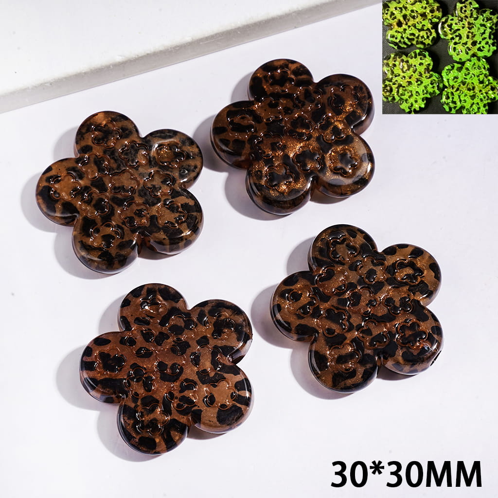 Luminous Jaguar Leopard Printed Five-Petaled Flower with Glitter Acrylic Beads, Red Brown, 30*30MM