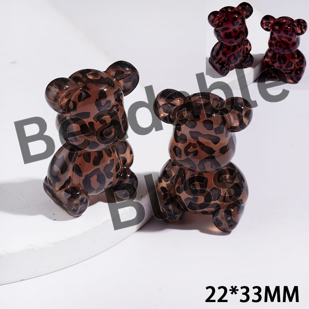 Red Brown Violent Bear with Jaguar Prints and Glitter Luminous Acrylic Beads, 22*23MM