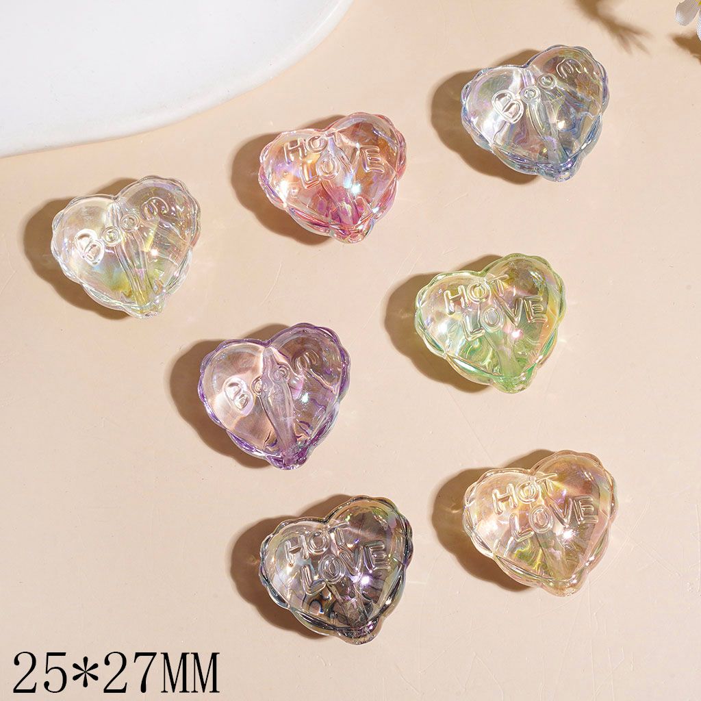 UV-Coated Acrylic Beads Heart with Wavy Edged and Text, Semi-Clear, 25*27MM Multi-Color Random Mix