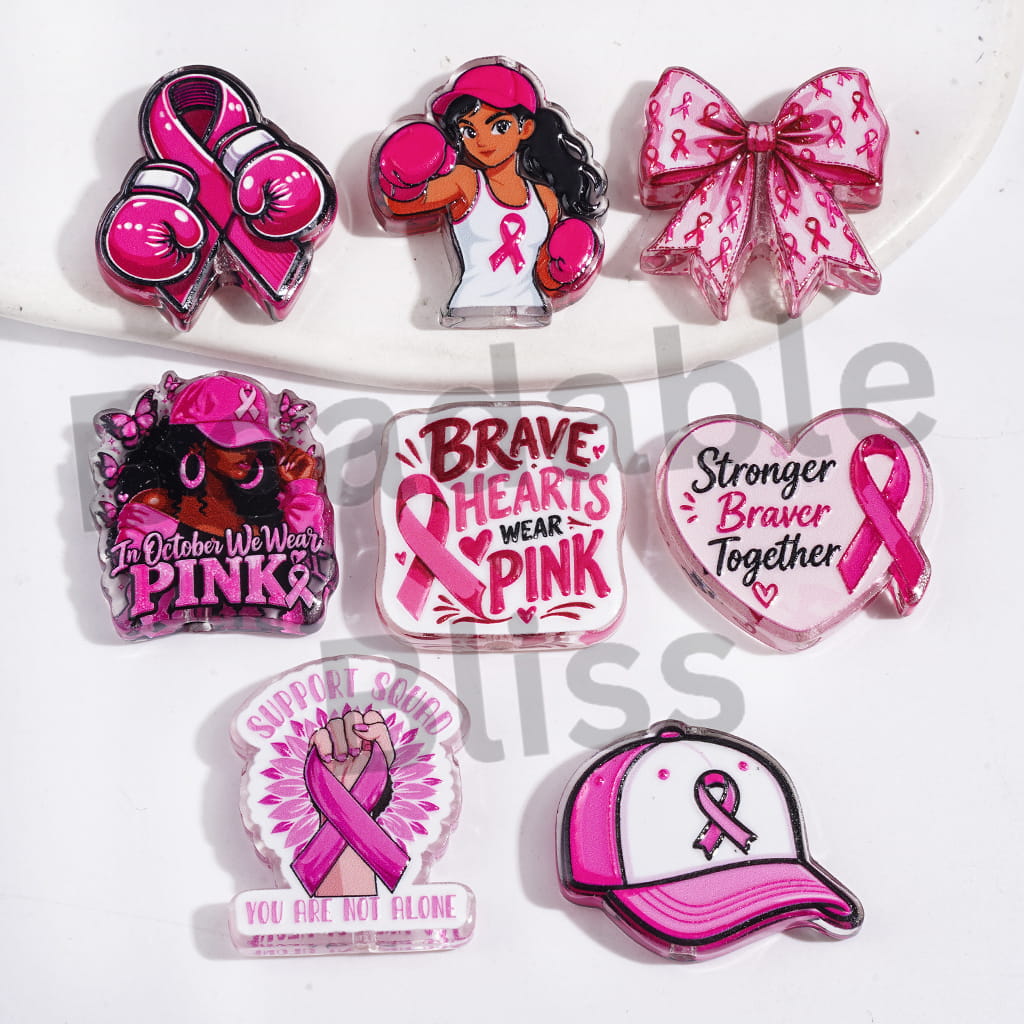 Semi-Clear Acrylic Beads Pancreatic Cancer Awarenss in Rose Pink Series, Silk Ribbon Bowtie Pattern, Random Mix