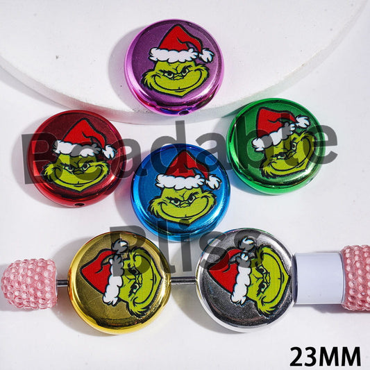 Acrylic Beads Metallic Finish Green Character with Christmas Hat, Flat Round Shape, 23MM Multi-Color Random Mix