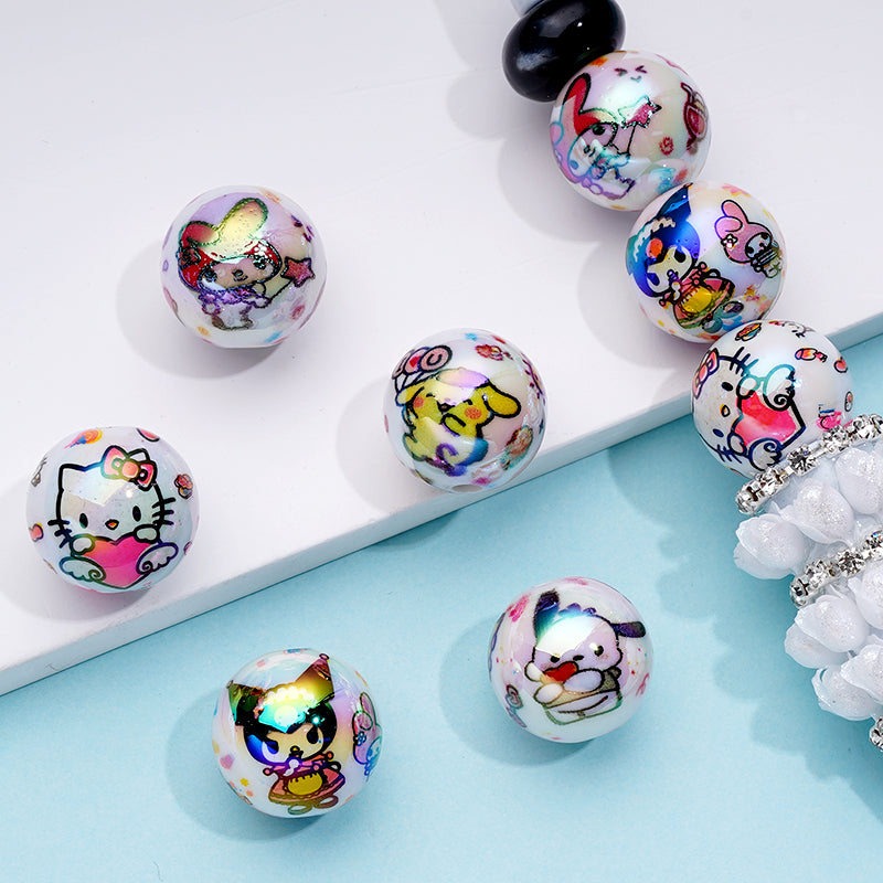 UV Finish Cute Cat Adorable Character Cartoon Round Acrylic Beads, Random Mix, 16MM