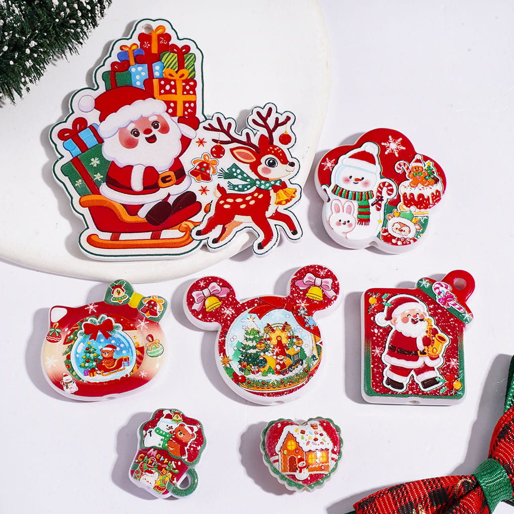 Acrylic Beads and Pendants Christmas Theme with Reindeer Snowman Santa Claus Gingerbread House, Random Mix