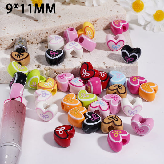 Acrylic Beads Heart with Bowknot Pattern, 9*11MM, Random Mix