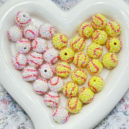 キラキラ輝くイエローホワイト野球ボール、ABカラーラインストーン付きラウンドアクリルビーズ、16MM