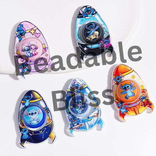 Acrylic Beads Hollowed Rocket and Round Beads, Classic Animation Blue Pink Monster Character Patterns, Random Mix