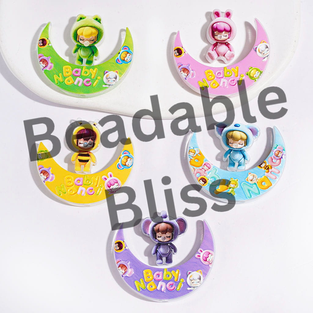 Acrylic Beads Crescent Moon and Sleeping Baby in Various Animal Costume, Multi-Color, Random Mix