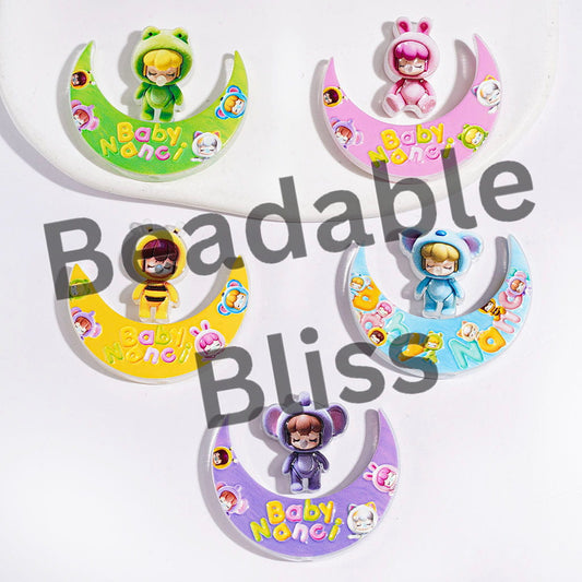 Acrylic Beads Crescent Moon and Sleeping Baby in Various Animal Costume, Multi-Color, Random Mix