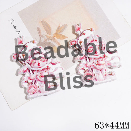 Elegant Pink Baby Doll Acrylic Beads, Girl Standing on Peony Flower Vine Background, 63*44MM