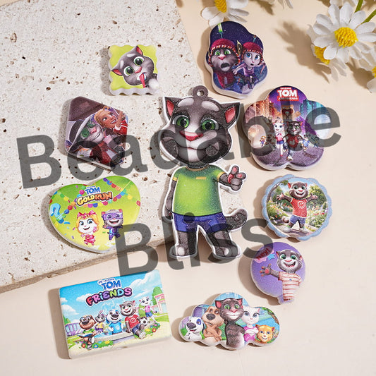 Black Cat Game Printed Series Acrylic Beads for Charm or Pendants, Various Shapes, Random Mix