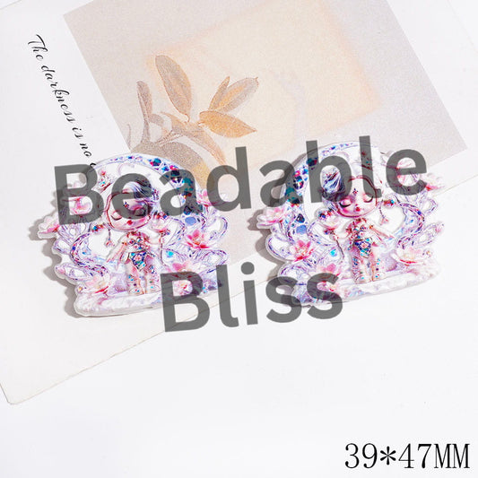 Elegant Baby Doll Acrylic Beads, Girl Sitting on Lotus Flower Design Crescent Moon, 39*47MM