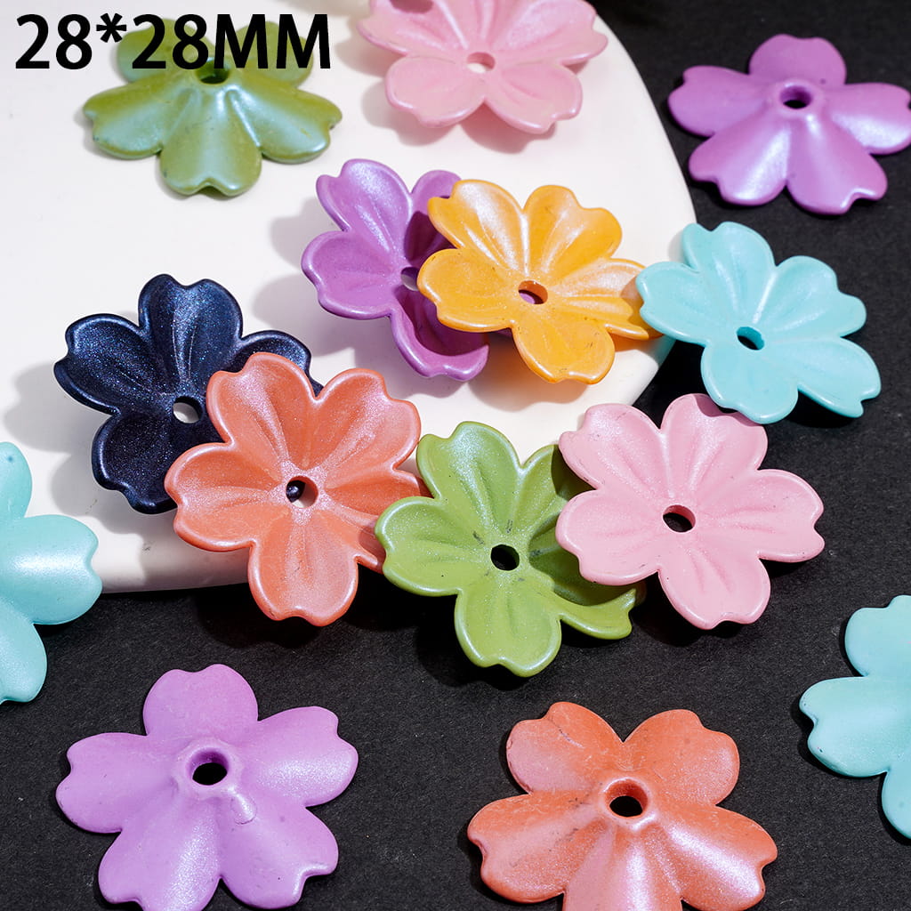 Acrylic Beads w Five-Petal Flower Design, UV Coating Pearlized Finish 28*28MM, Multi-Color, Random Mix