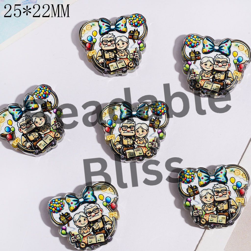 Acrylic Beads Mouse Head Shape with Bowtie and Elder Couple Prints, 25*22MM