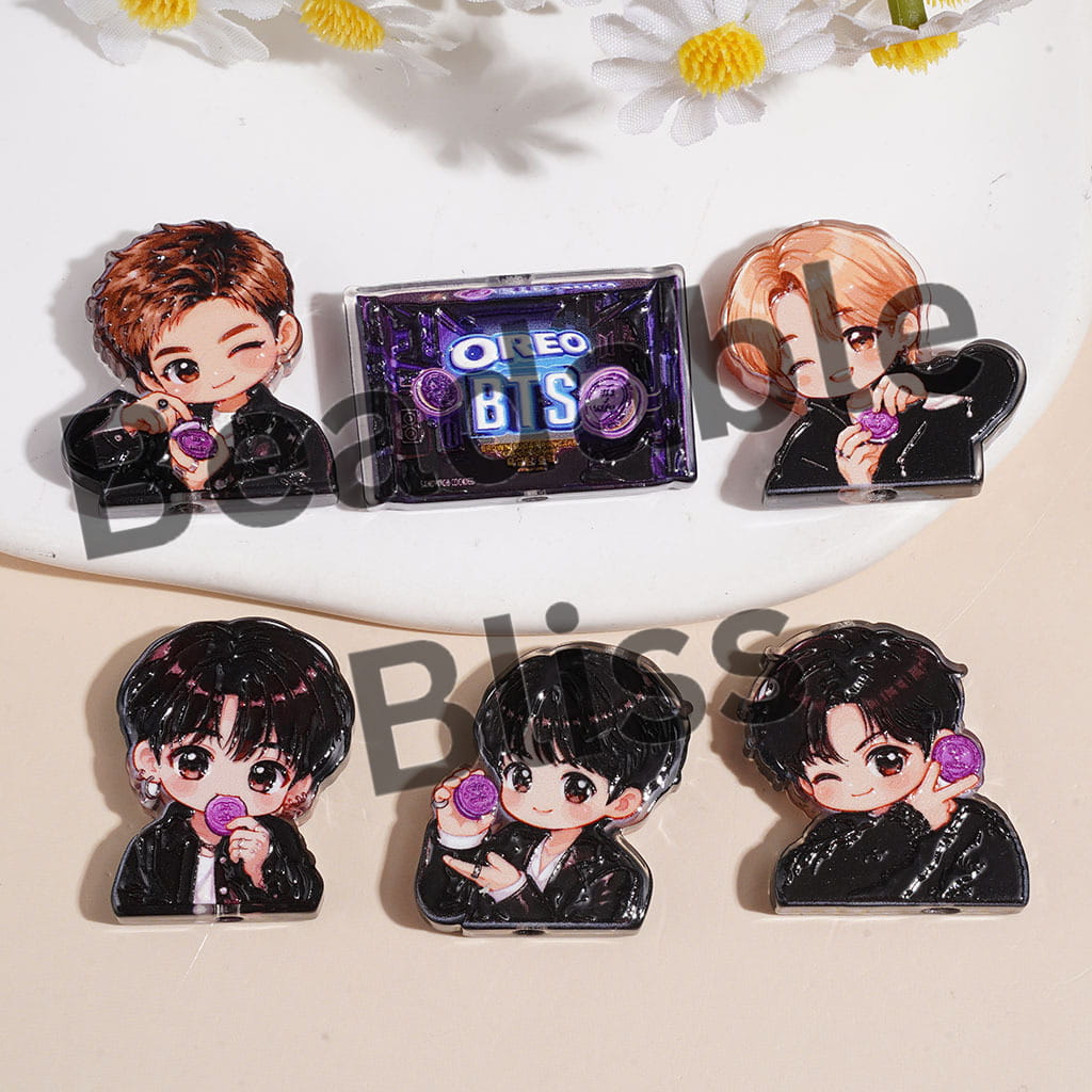 Acrylic Beads Cookies and Korea Boy Group Theme, Semi-Clear, Black Purple Style, Random Mix