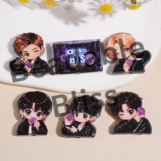 Acrylic Beads Cookies and Korea Boy Group Theme, Semi-Clear, Black Purple Style, Random Mix