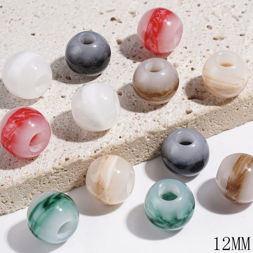Acrylic Barrel Beads with Marble Texture, 12MM, Big Hole Beads, Multi-Color, Random Mix (The Hole Diameter is Around 5MM)