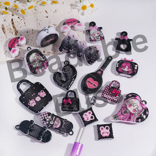 Acrylic Beads Pendants with Fashionable Girl Black Pink Series, Random Mix