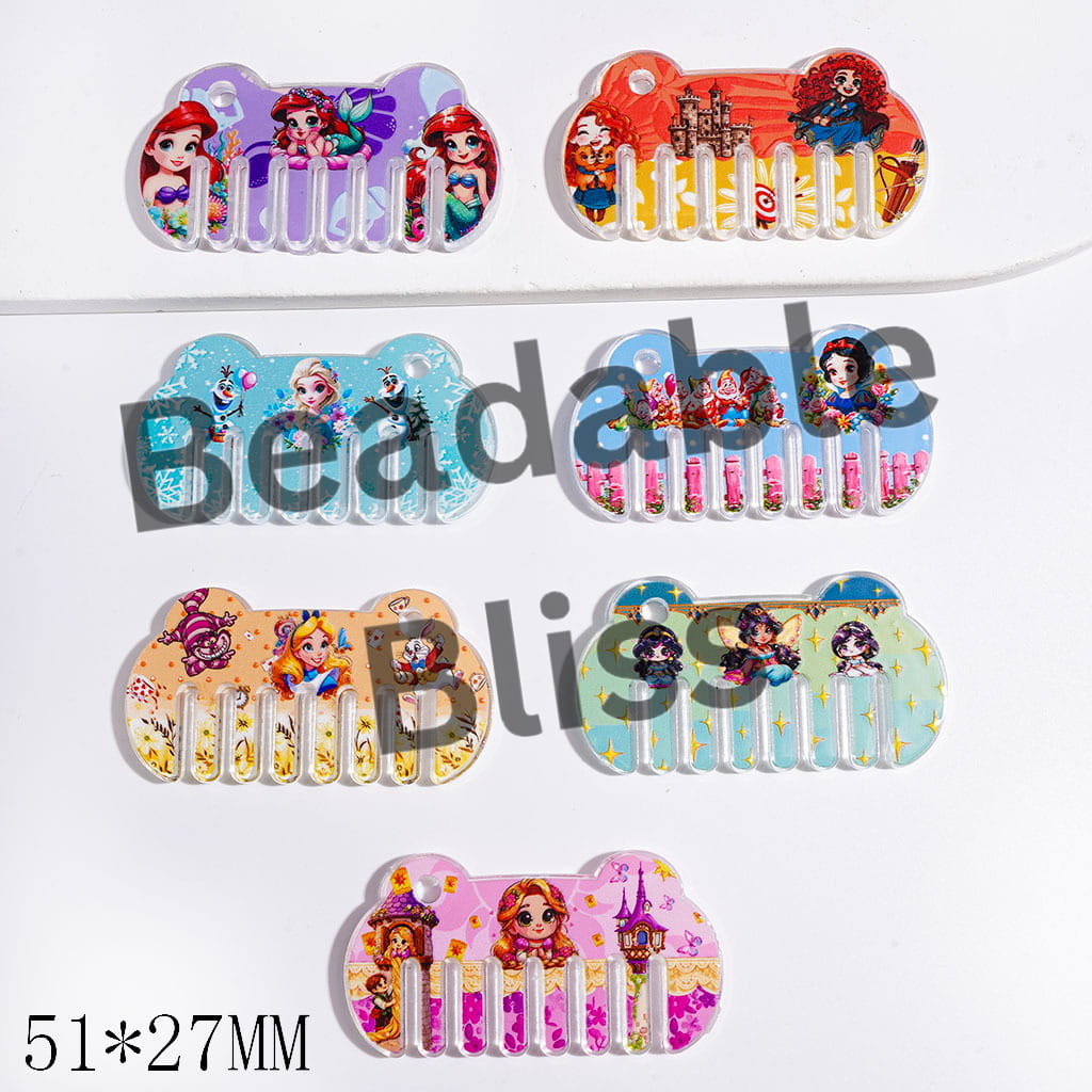 Acrylic Pendants Beautiful Princess Characters Comb Shape, 51*27MM Random Mix