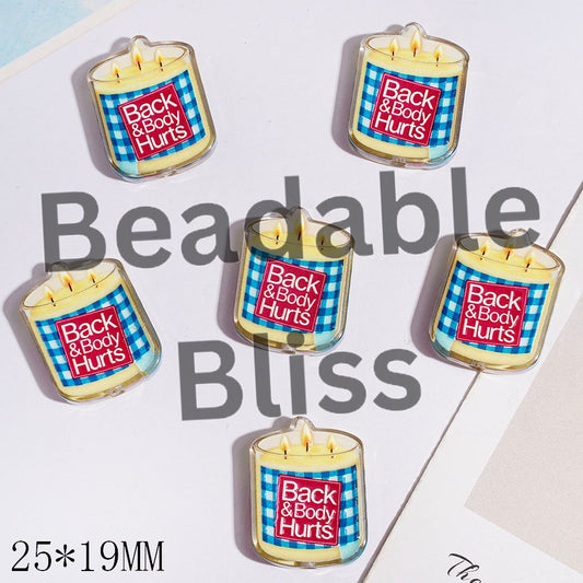Acrylic Beads Candle Shape with Blue White Plaid and Text, Semi-Clear, 25*19MM