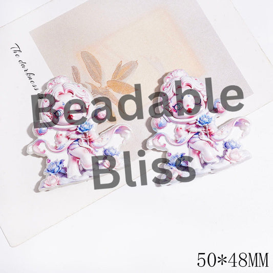 Elegant Baby Doll Acrylic Beads, Girl Holding Lotus Flower and Standing on Lotus Pond, 50*48MM
