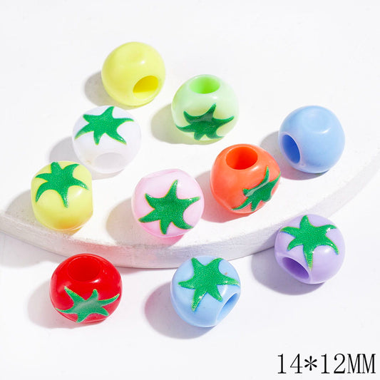 Acrylic Beads Tomato with Green Stem, Big Hole Beads, 14*12MM, Random Mix (The Hole Diameter is Around 6MM)