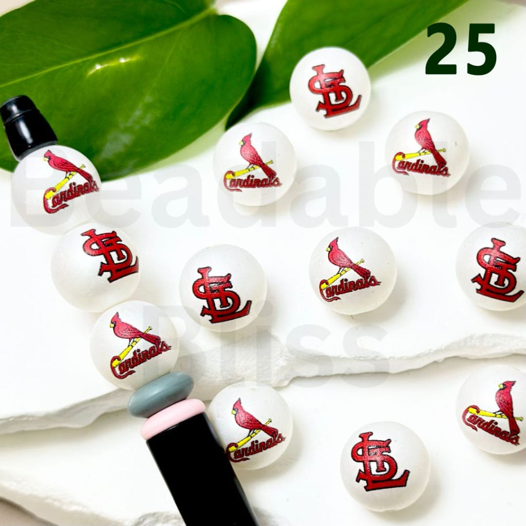 Bracelet with St. Louis Cardinals logo beads on a white background

