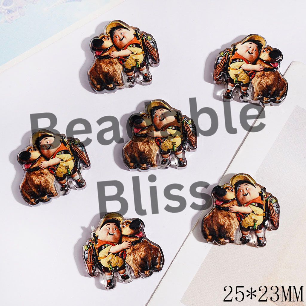 Acrylic Beads with Boy Holding Dog Print, Flying House Tour Theme, Semi-Clear, 25*23MM