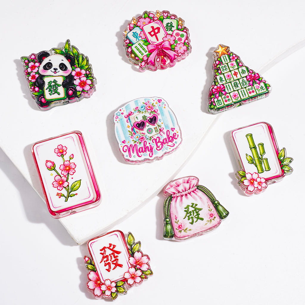 Semi-Clear Acrylic Beads Mahjong Theme with Flower, Good Luck and Prosperity Series, Random Mix