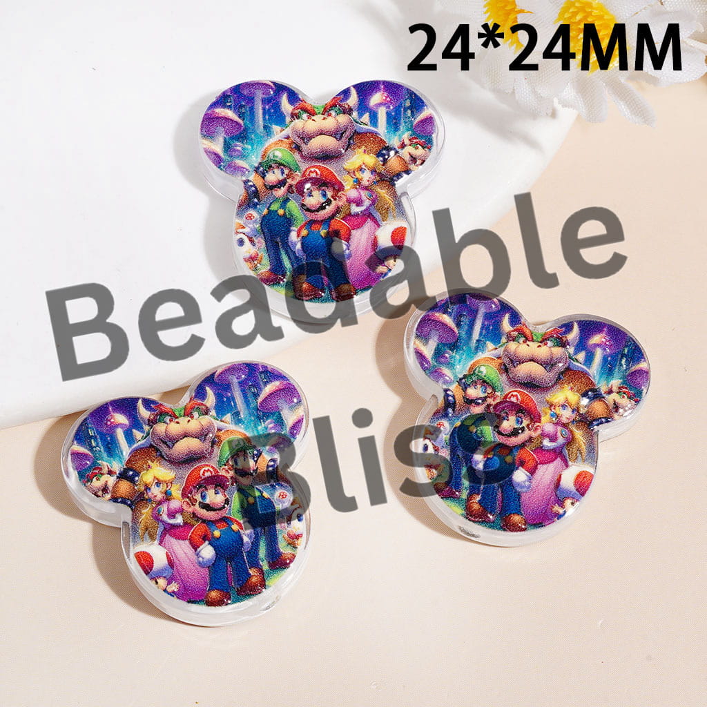 Acrylic Beads Mouse Head Shape with Game Theme Plumber Character Prints, 24*24MM