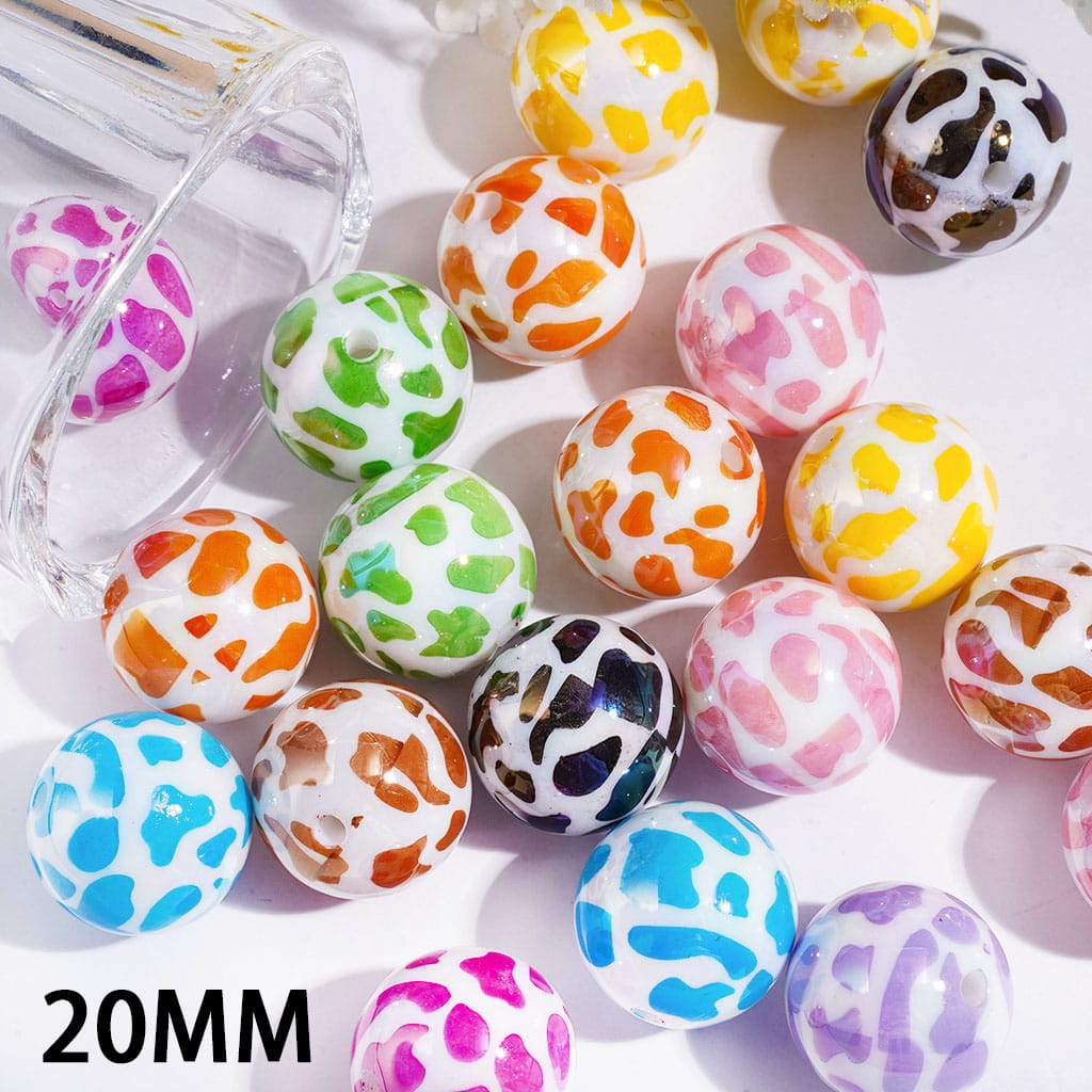 UV Coating Acrylic Beads for Bracelets with Milk Cow Patterns Series, 20MM Multi Colors Random Mix