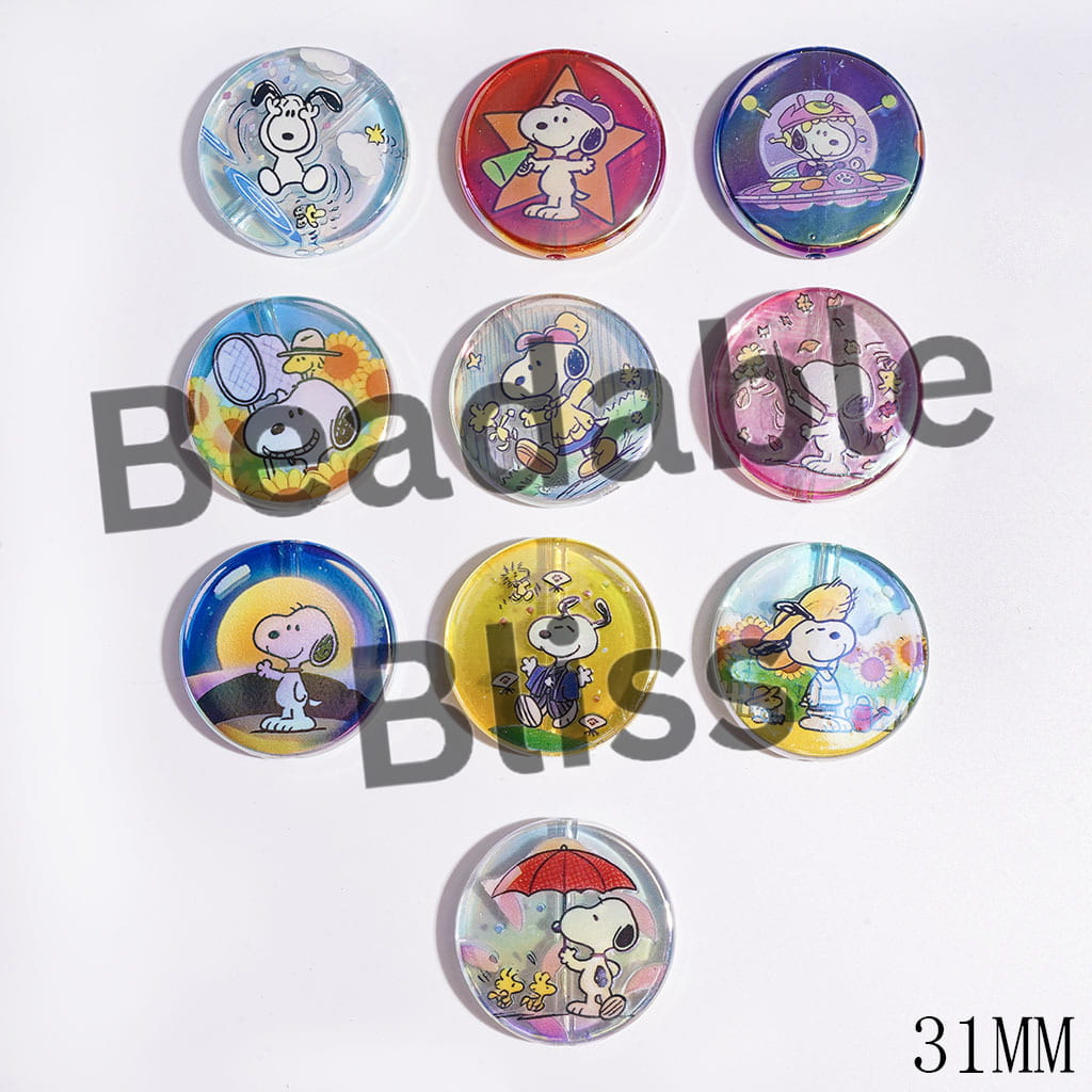 Semi-Clear Acrylic Beads UV Finish with Various Style Beagle Dog Characters Prints, 31MM, Flat Round Shape, Random Mix