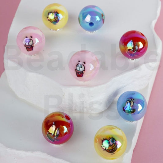 UV Finish Cute Spongebo Patric Star Cartoon Round Acrylic Beads, 16MM, Random Mix