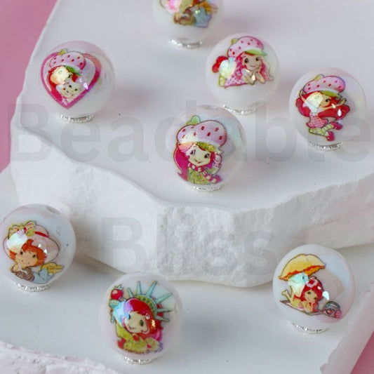 UV Finish Cute Girl Strawberry Shortcak White Round Acrylic Beads, 16MM, Random Mix